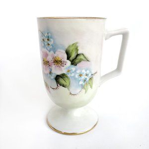 Vintage 70s Hand Painted Pedestal Coffee Mug Cup Pastel Florals Gold Rim Flower
